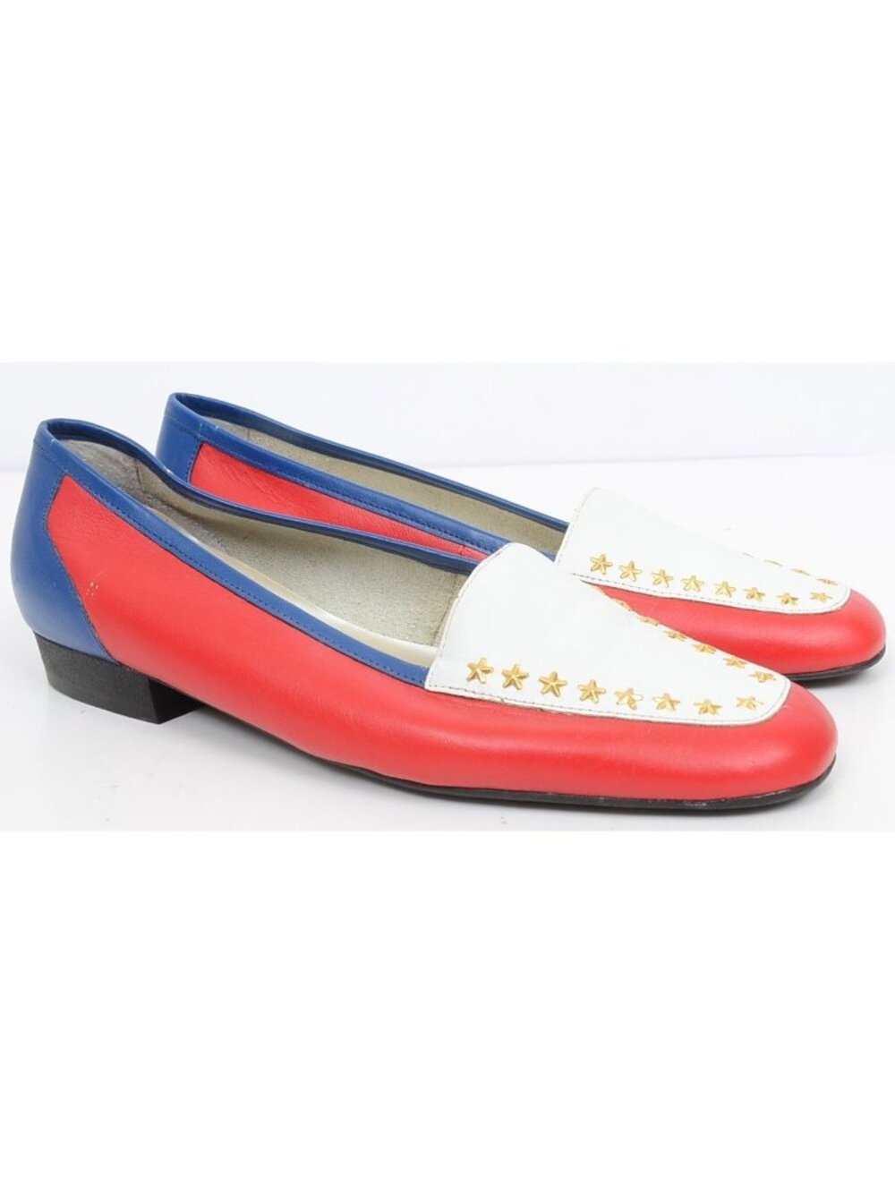 Vtg Carriage Court 8.5 Patriotic Red White Blue Stars Slip On Loafers Flats